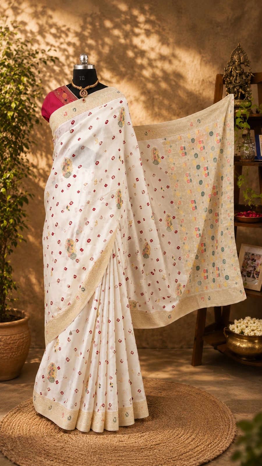 Elegant Ivory Bandhani Saree