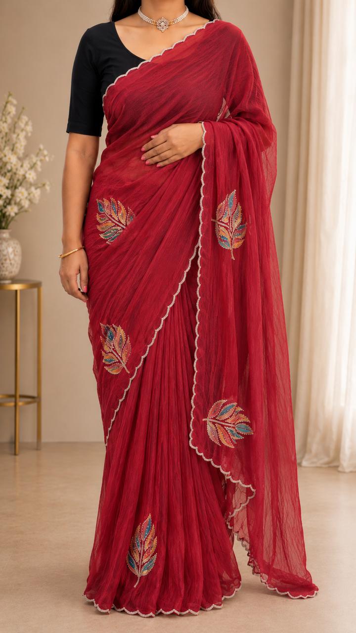 Royal Red Leaf Chiffon Saree