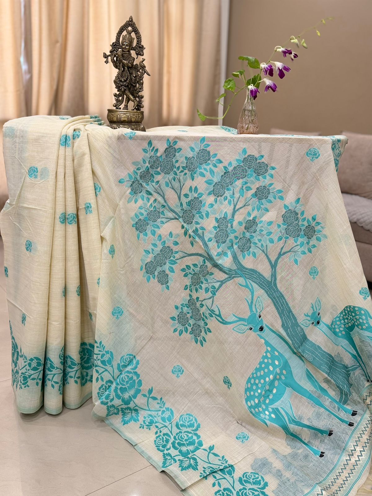 Creamy White Deer Tree Linen Silk Saree