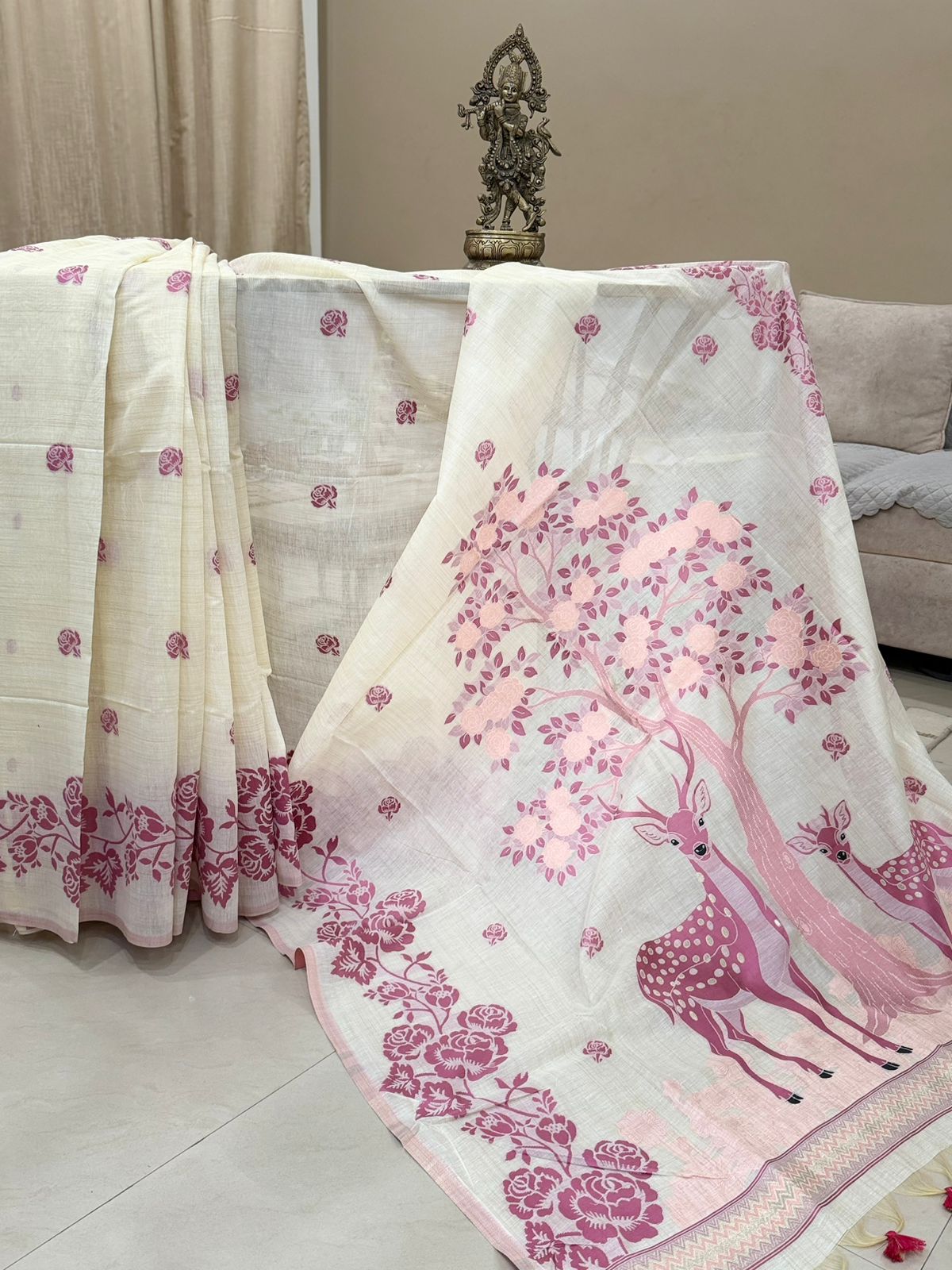 Creamy White Pink Deer Tree Linen Silk Saree